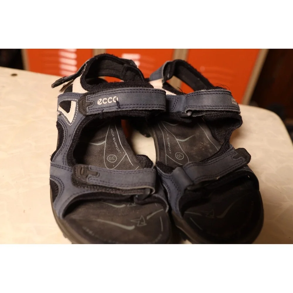 ECCO Mens Sport Sandals Navy Blue Black Leather Hiking Trail Shoes 39 US‎ 8-8.5